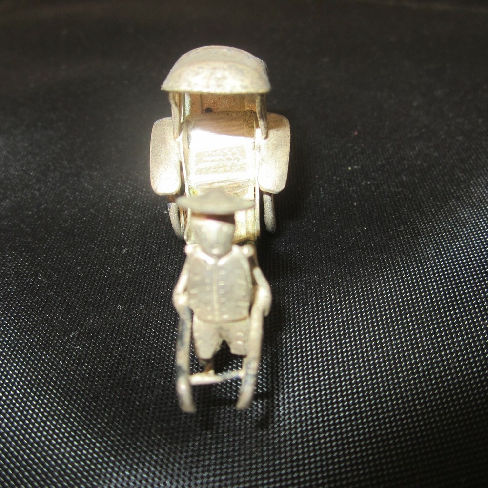 Antique Silver Plated Small Oriental Man Pulls Cart Wheels Move Rickshaw
