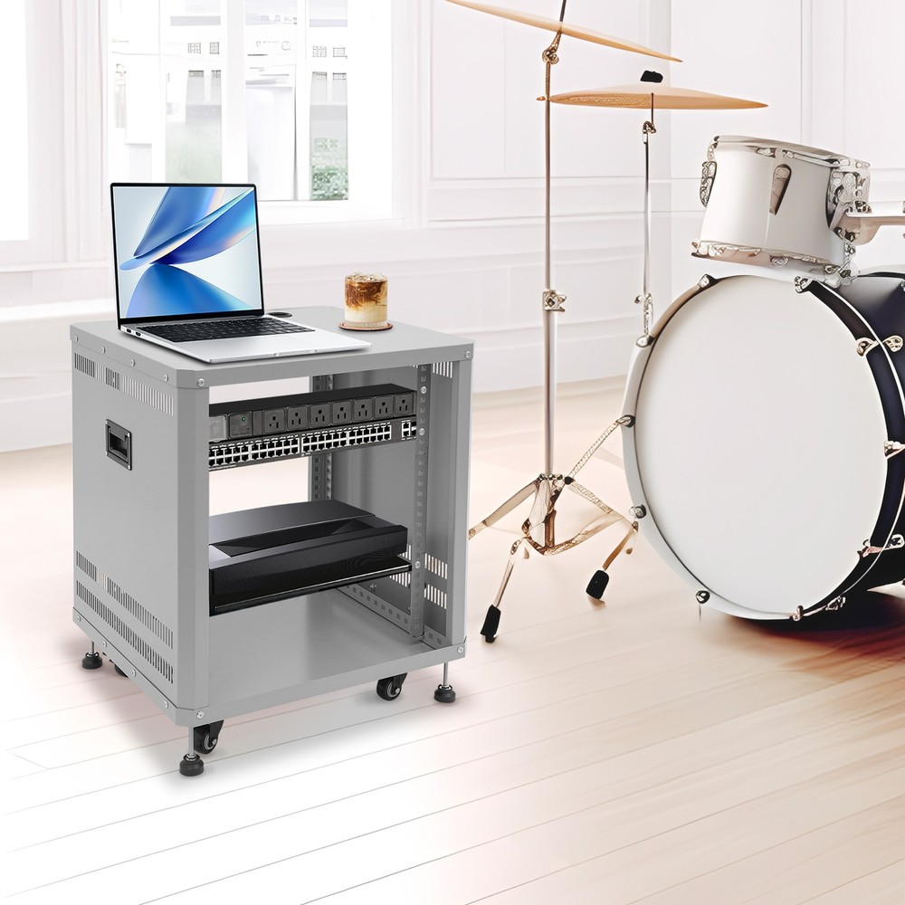 Network & Stereo Rack Rolling Server Rack Open Cabinet with Caster Wheels Grey