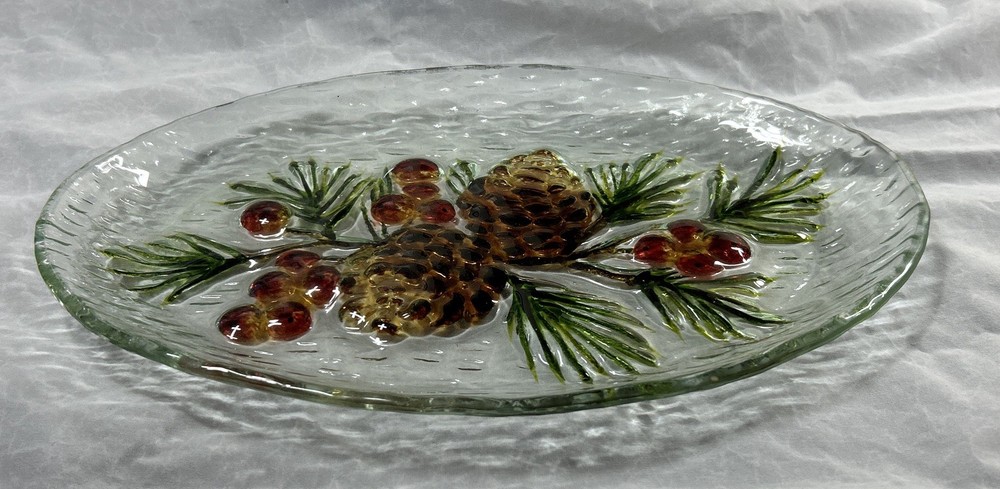 Oval Glass Platter Pinecone Design