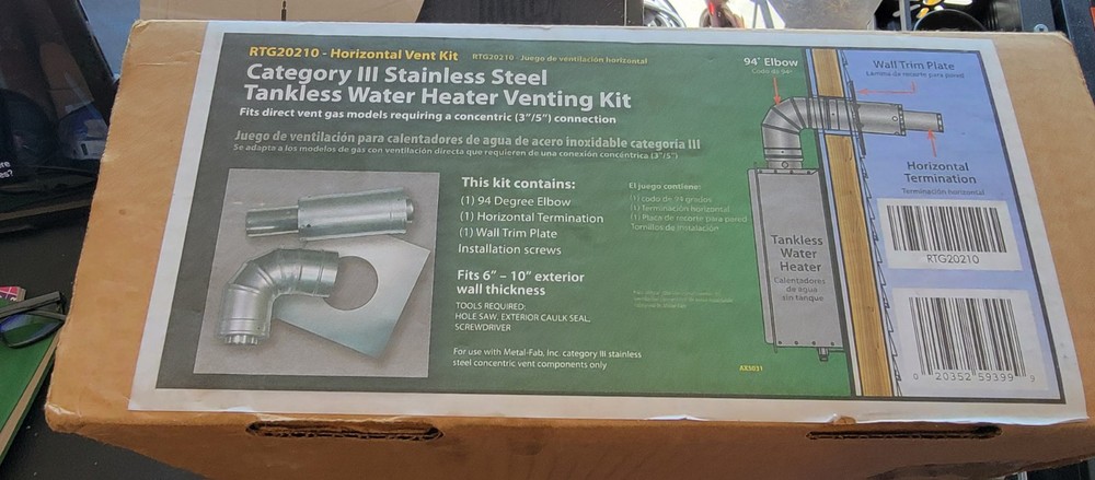 Rheem RTG20210-1 Stainless Steel Tankless Water Heater Venting Kit 3" Horizontal