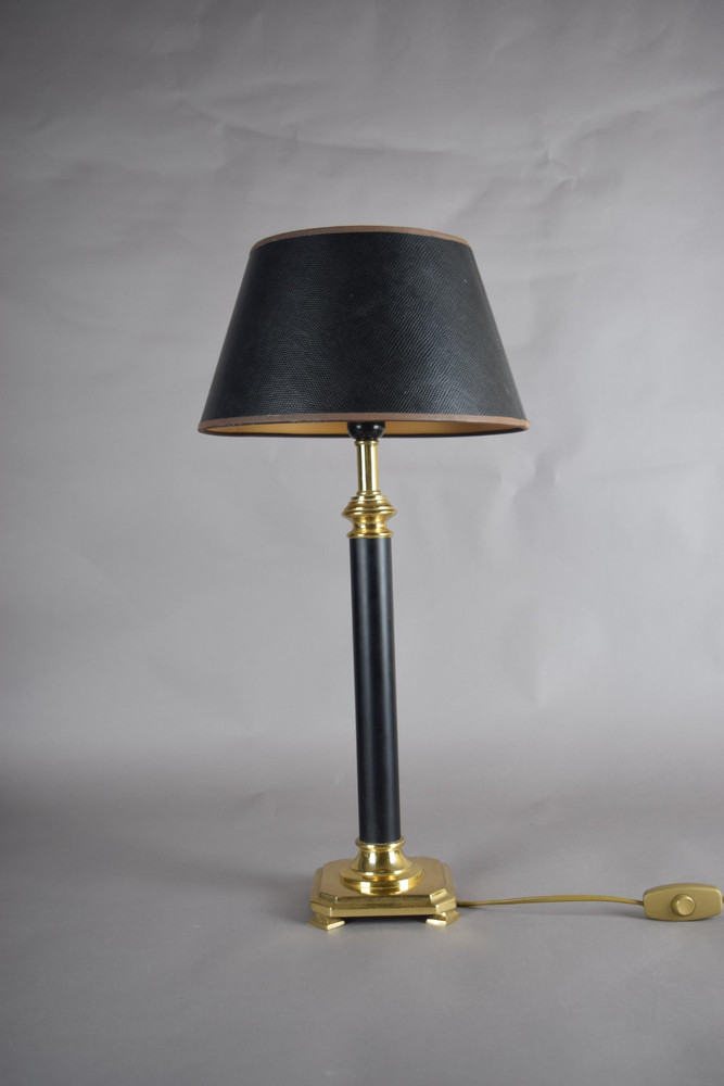 Black Column Table Lamp with Brass Base and Shade
