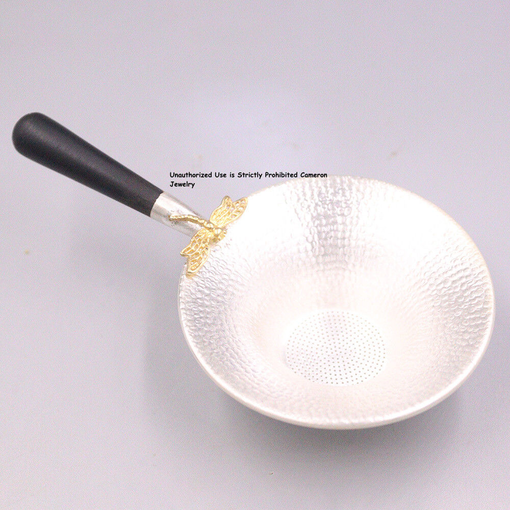 Solid S999 Fine Silver Tea Infuser Carved Dragonfly Mesh Tea Strainer 4.7inch