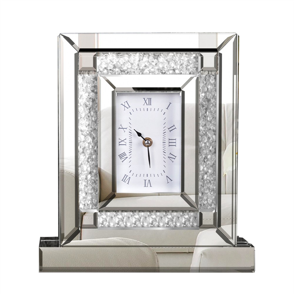 Crystal Crush Diamond Mirrored Square Clock Decorative Silver Table Quartz Clock