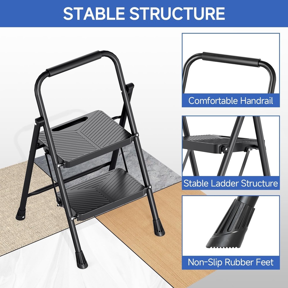 KINGRACK 2 Step Ladder, Folding Step Stool with Handrail, Safe-Lock Design an...