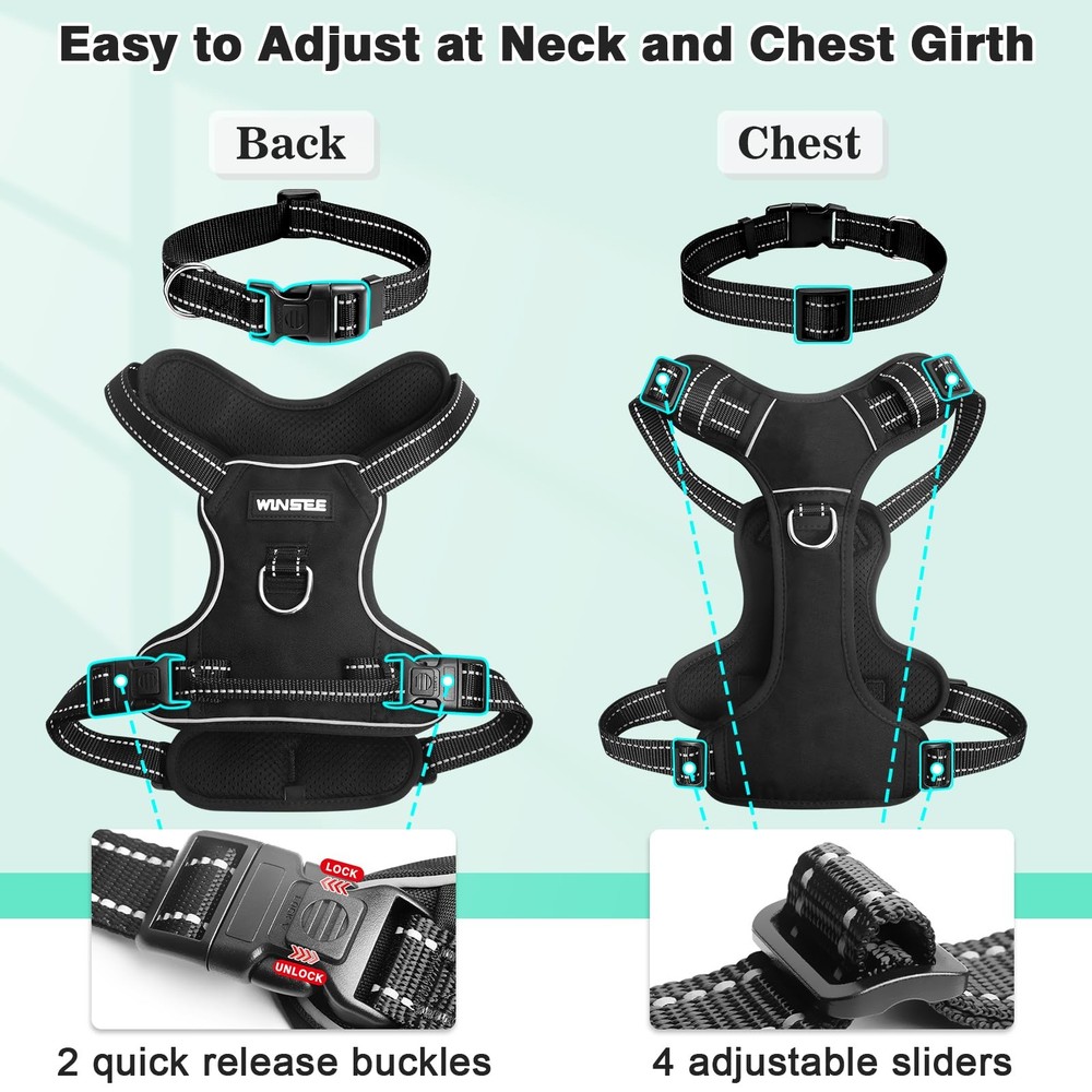 Dog Harness No Pull, Pet Harnesses with Dog Collar, Adjustable Reflective Oxf...