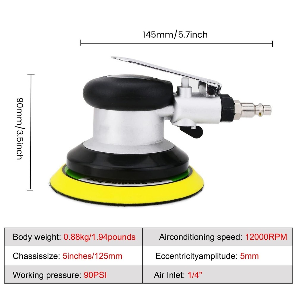 5 inch Pneumatic Orbital Sander, Air Sander with Hook and Loop Sanding Pad fo...