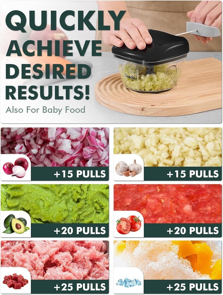 Manual Food Processor Vegetable Cutter, Pull Chopper with String, Food Choppe...