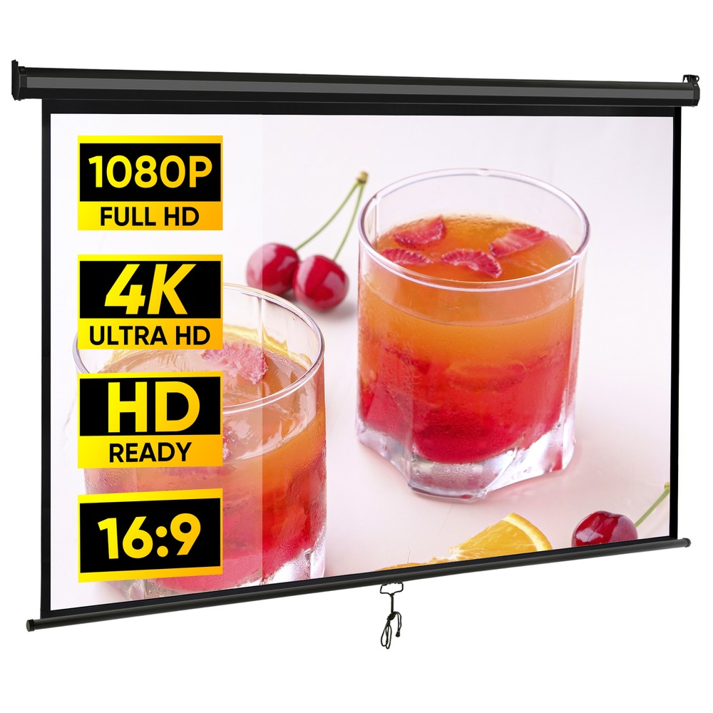 80" Diagonal Projection Projector Screen Manual Pull Down 16:9 HD 4K Movie Black