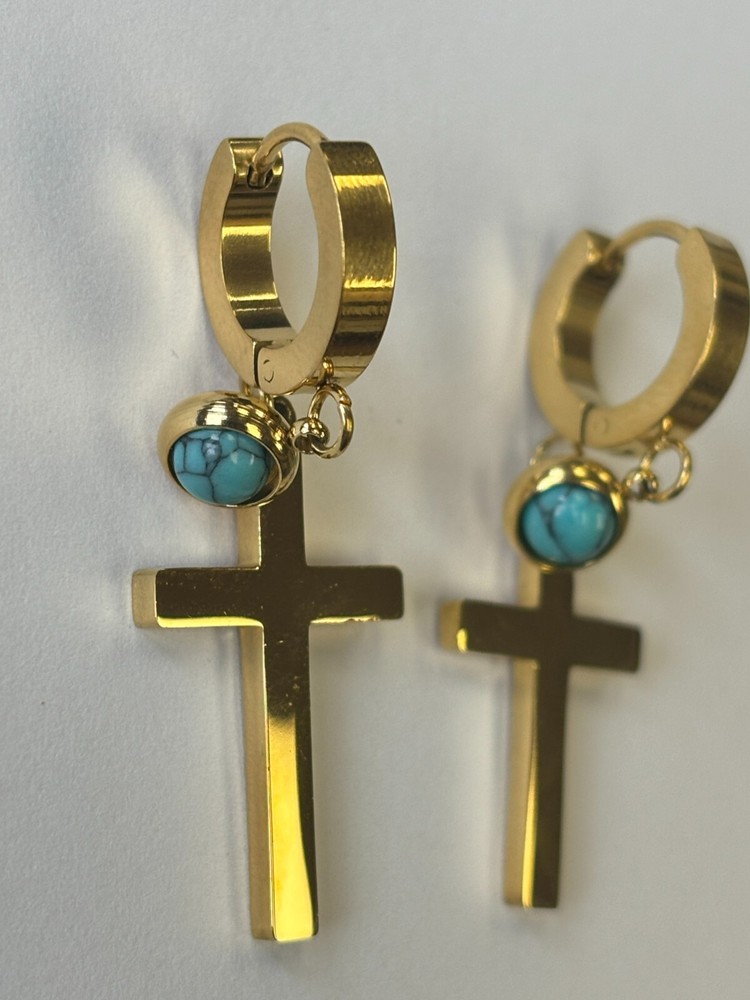 DIY Turquoise Gold Cross Earrings