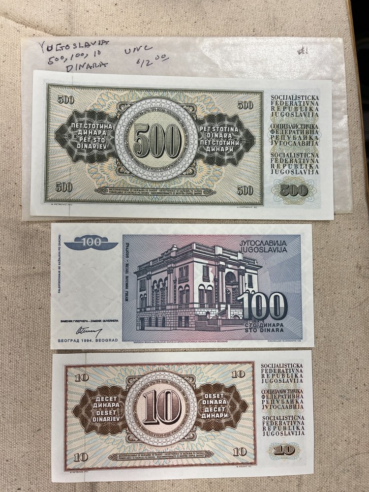 Yugoslavia 10, 100, & 500 Dinara Notes Uncirculated #1