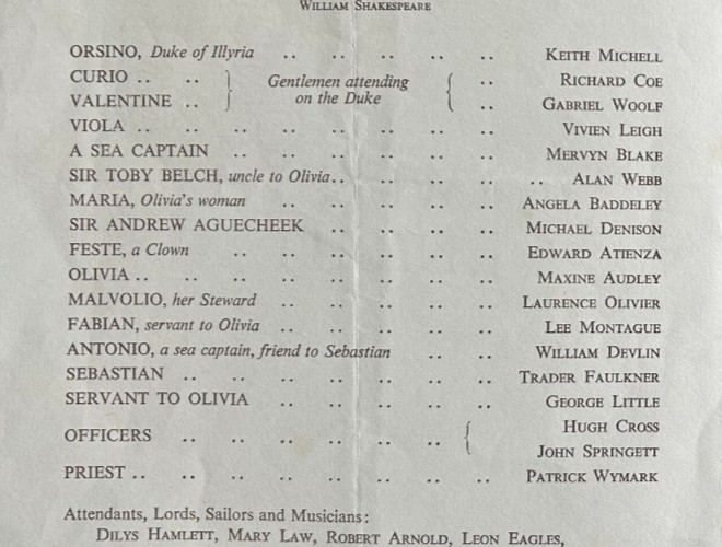 Twelfth Night Programme: 1955, 1ST PERFORMANCE Shakespeare L. OLIVIER/V. LEIGH