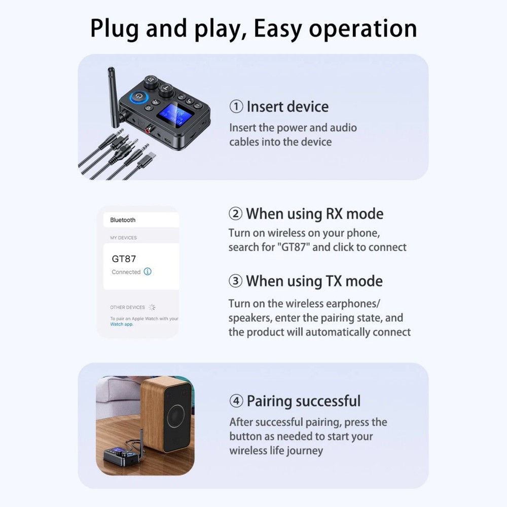 For Bluetooth 5.4 Transmitter Receiver 3.5mm AUX RCA Audio Adapter Replacement