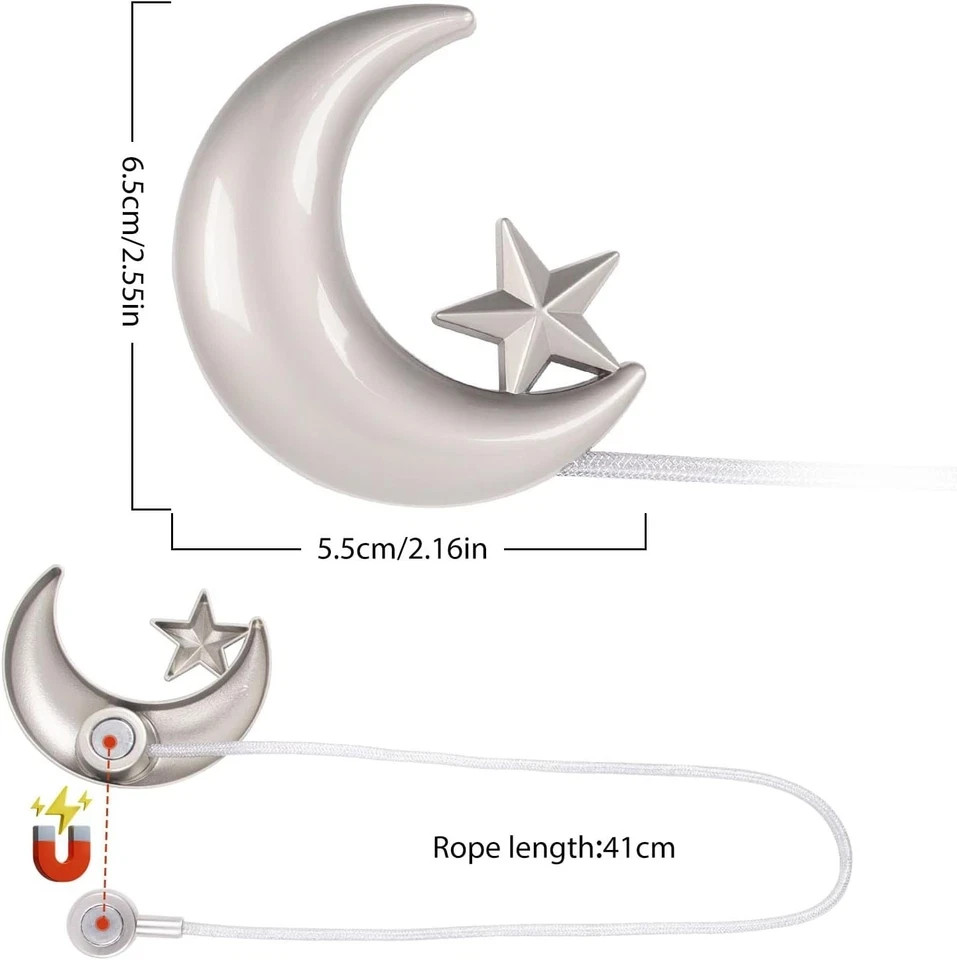 Curtain Tiebacks, 2 Pack Magnetic Tiebacks Star Moon 2 Pack, Silver