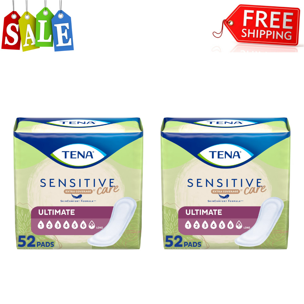 TENA Sensitive Care Extra Coverage Ultimate Incontinence Long Pads, 52ct, 2 Pack