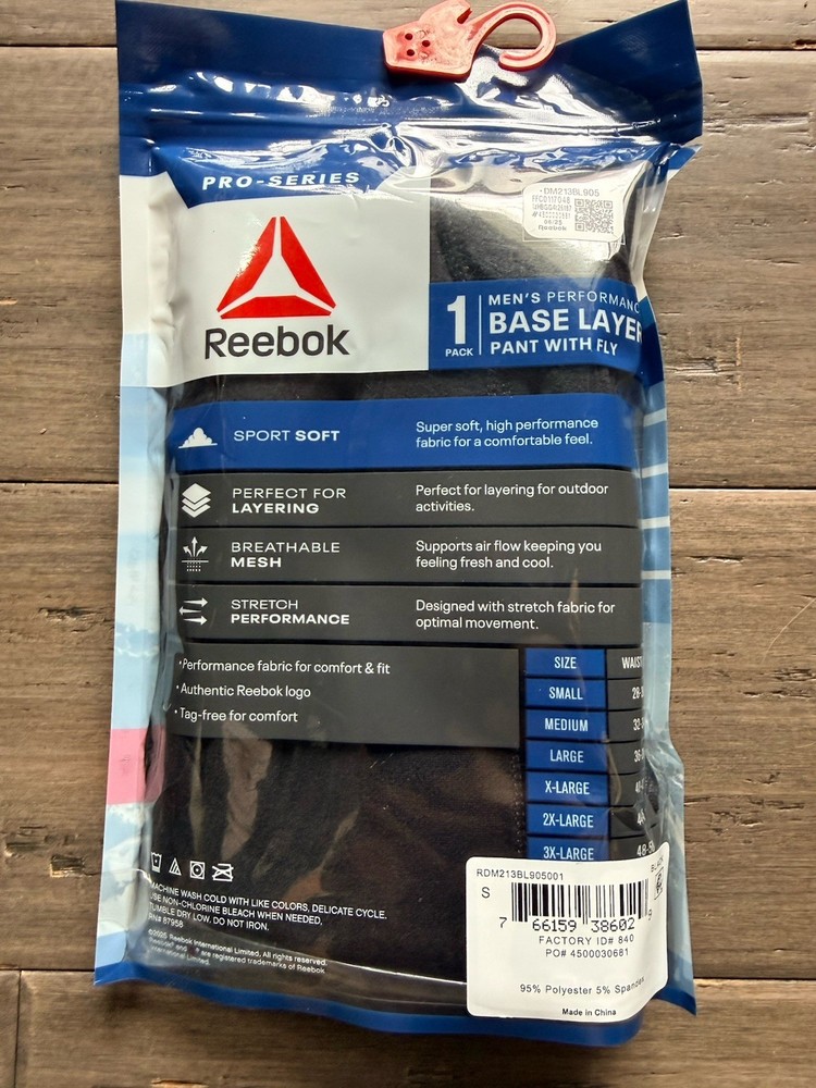 New-Reebok Base Layer Pro-Series Pants w/Fly, Size Small, Black