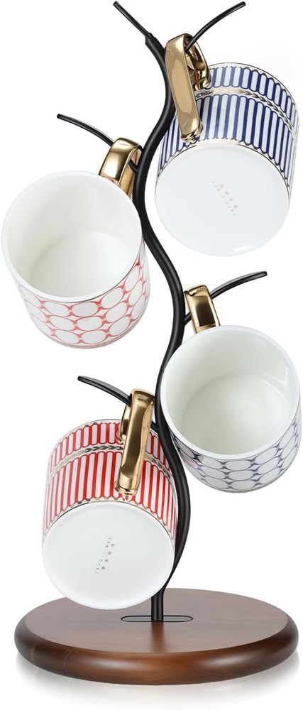 Mug Tree Holder Bronze Metal Leaf Branch & Solid Wood Base Mug Holders