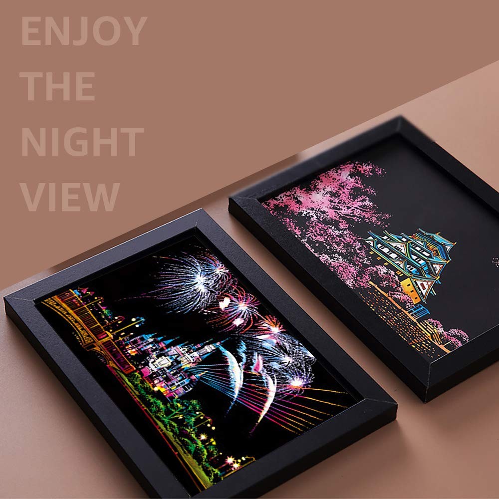 Scratch Art Paper, Rainbow Night View Scratchboard Medium, Fireworks Series