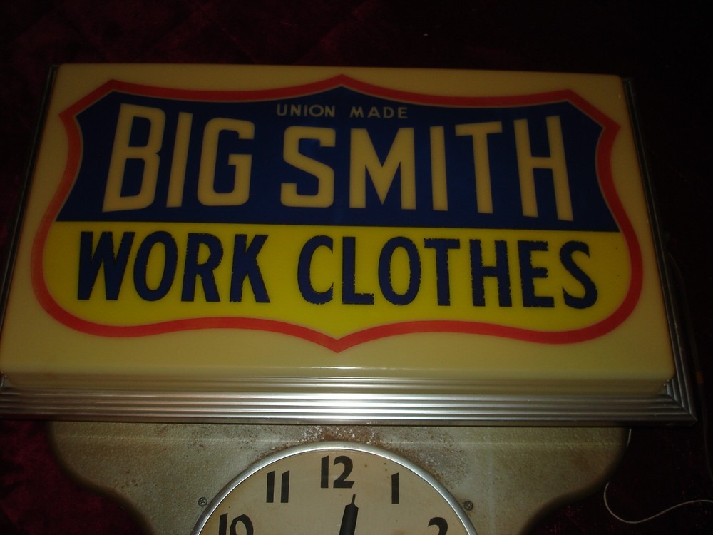 Vintage Big Smith Work Clothes Lighted Advertising Wall Clock Sign Clock Works