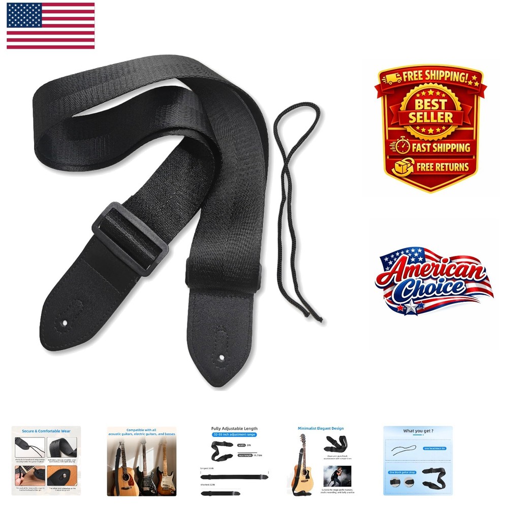 Durable Universal Black Guitar Strap: Lightweight, Adjustable & Comfortable Fit