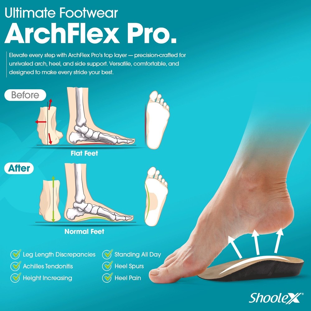 ArchFlex Pro 3/4 Adjustable Height Increase Insole Arch Support Insert Heel C...