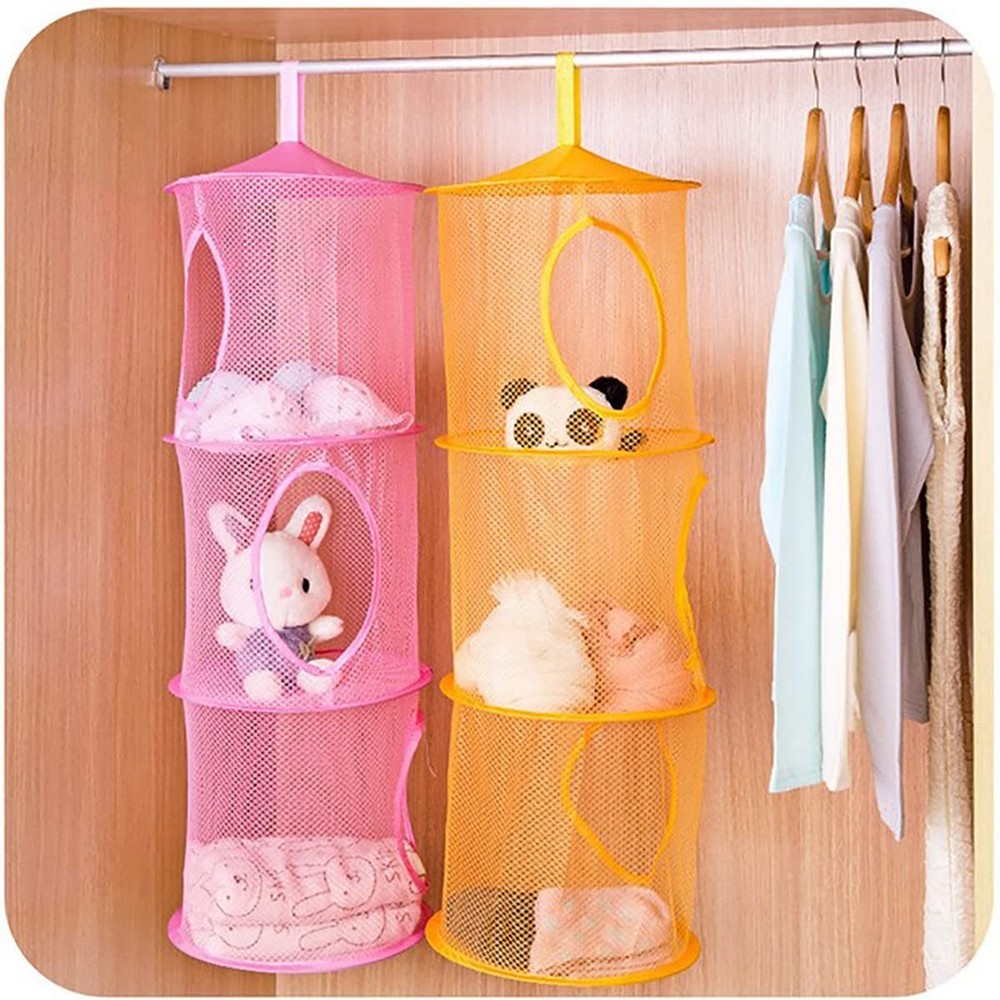 Mesh Hanging Storage Basket With 3 Compartments Foldable Hanging Storage Orga...