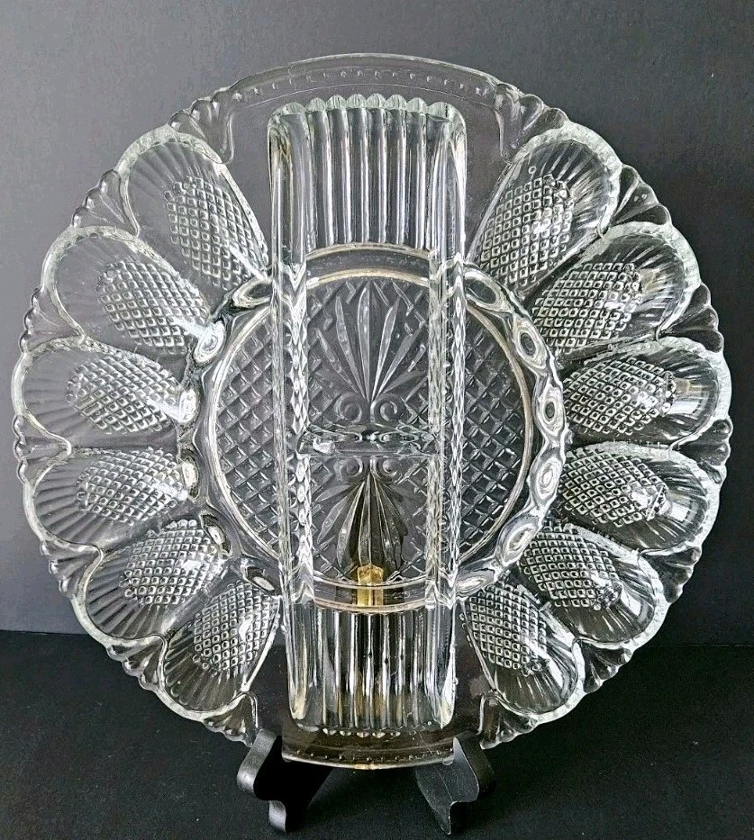 Vintage Mid Century LE Smith Clear Glass Deviled Egg Plate Platter Heritage