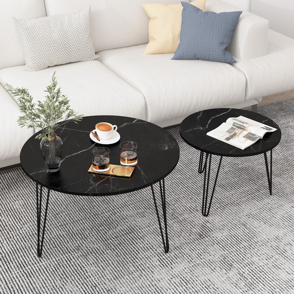 Round Nesting Coffee Table Set of 2, End Table Set, Imitation Marble Grain