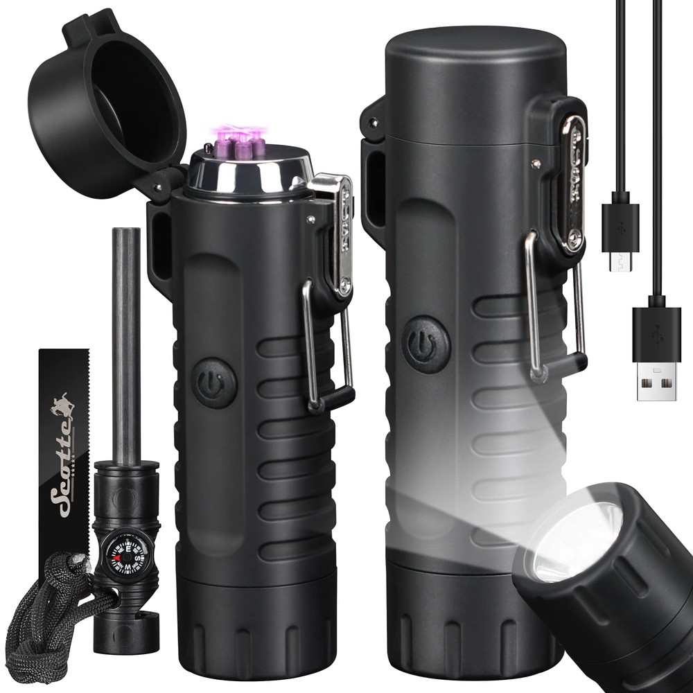 Scotte Plasma Windproof Electric Lighter & Flashlight 2 Piece Set, Black,
