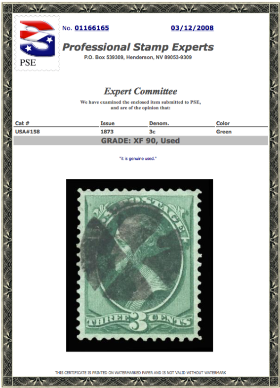#158 Used, PSE Grade 90 w/ Quartered Cancel, Cert # 01166165