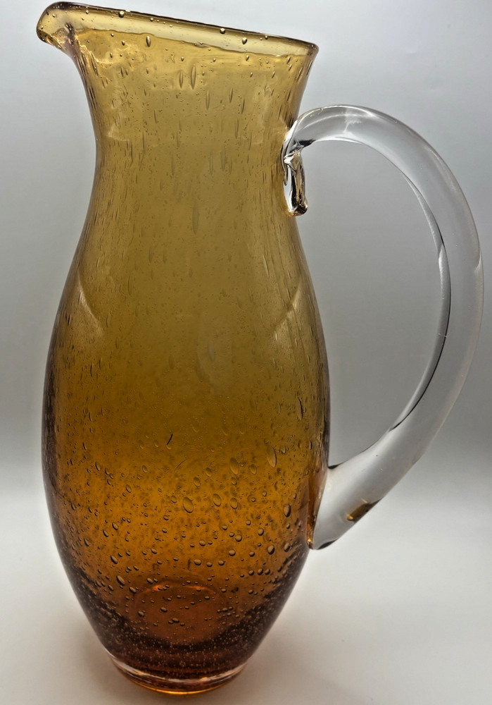 Hand blown Bubble Glass Pitcher Amber/Gold Clear Handle