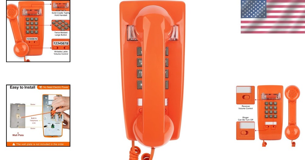 Classic Orange Wall Phone, Loud Mechanical Ring=