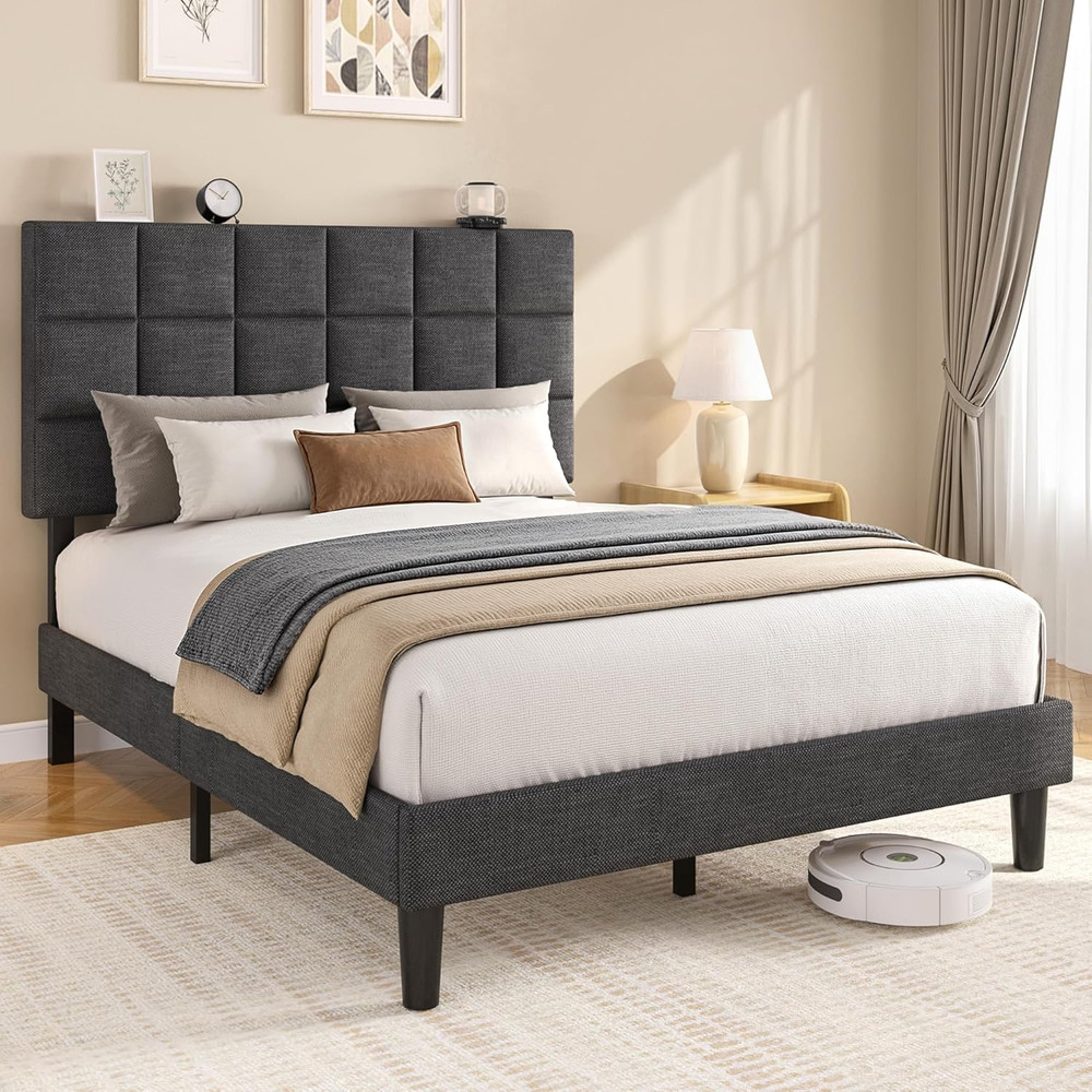 Full Platform Bed Frame with Linen Upholstered Adjustable Tall Headboard, No Box