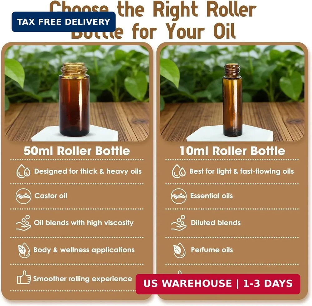 8 Pack Rose Quartz Roller Bottles for Essential Oils, 10ml Refillable Amber Glas