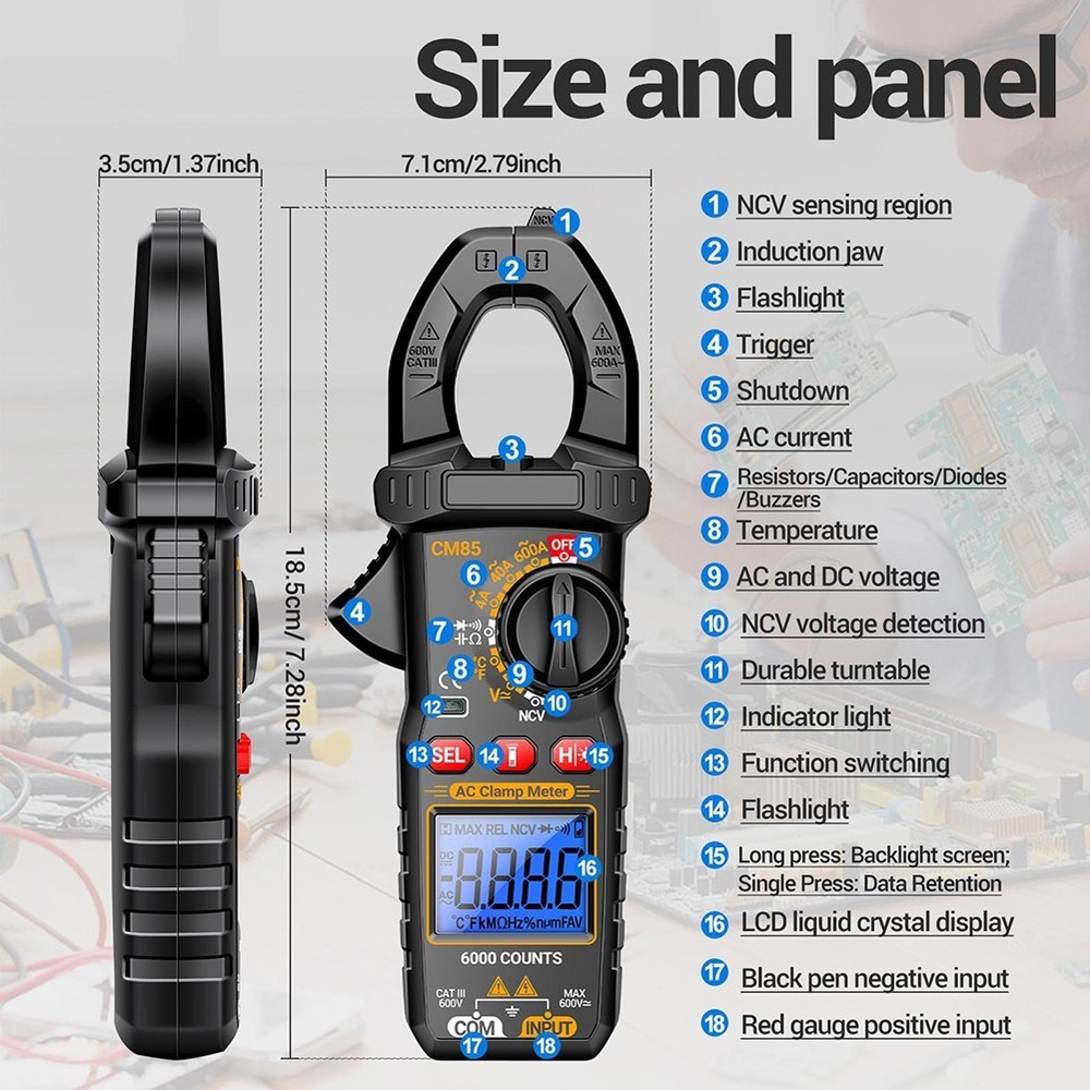 CM85 Clamp Meter with Backlight Flashlight NCV Diode Buzzer 6000 Count