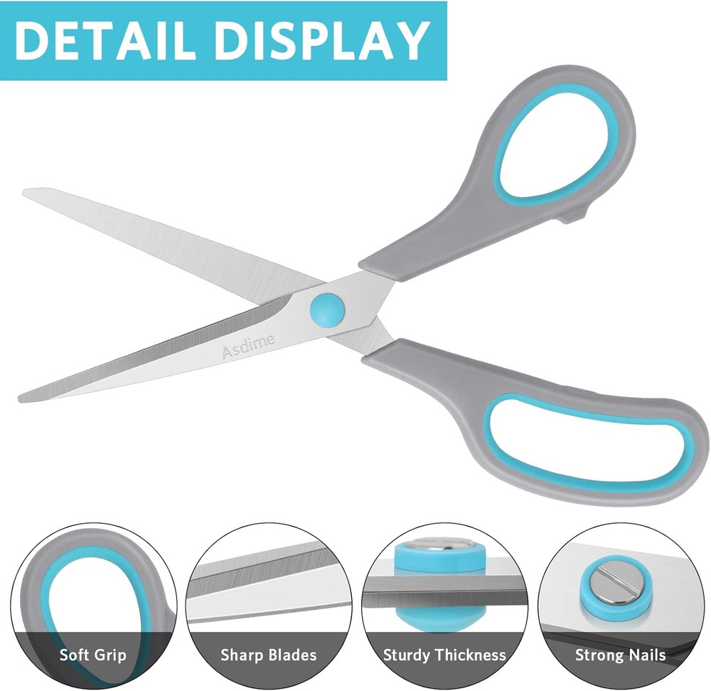 8.5" Scissors, Stainless Steel Blades, Soft Grip Handle, Blue