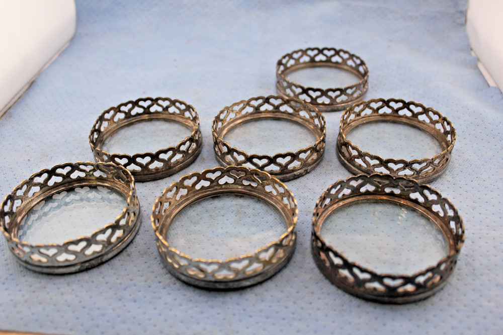SEVEN VINTAGE SILVERPLATE COASTERS GLASS BOTTOMS HEART PATTERN