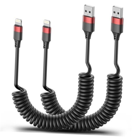 Coiled Lightning Cable for Car, 2 Pack Retractable Lightning USB A to Lightning