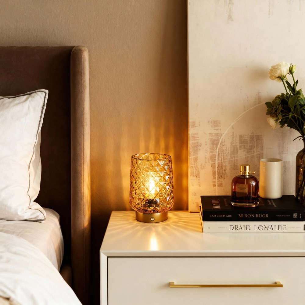 Cordless Rechargeable Table Lamp, Dimmable Portable Night Light with Diamond ...