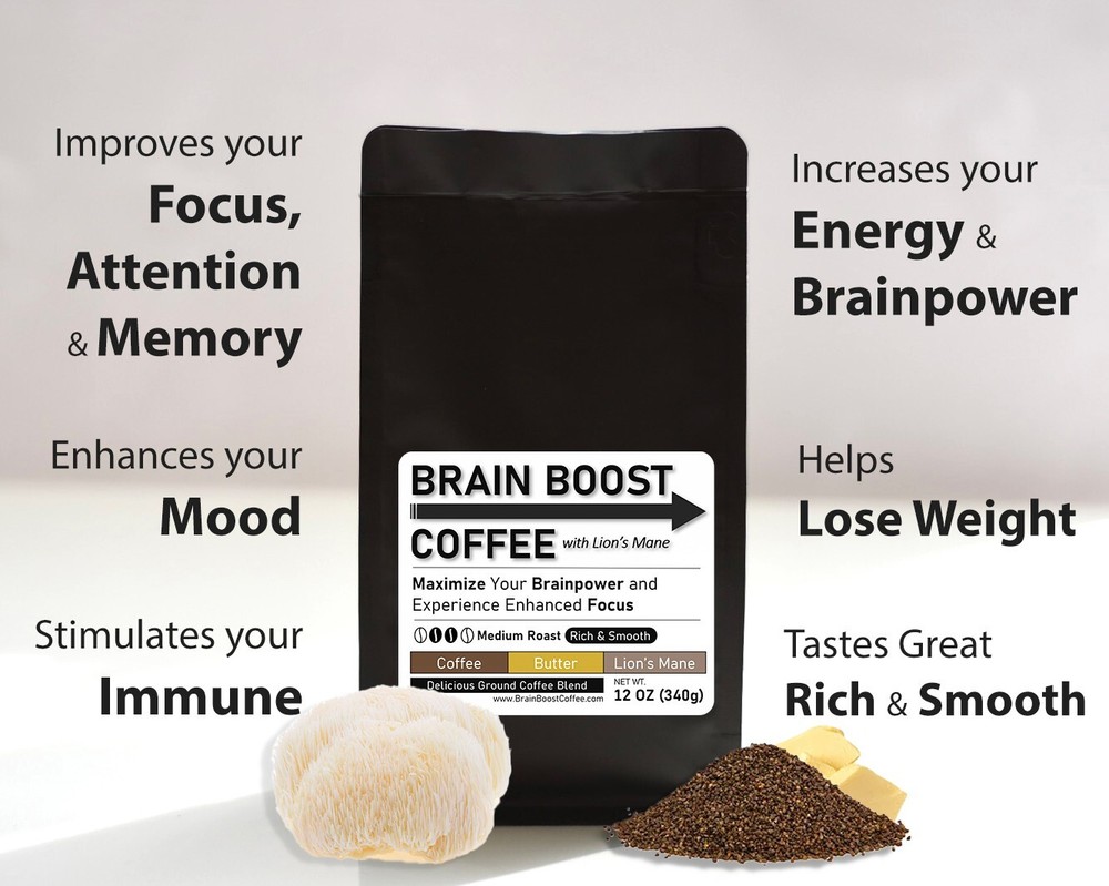 BRAIN BOOST MUSHROOM COFFEE☕ Medium Roast Ground Coffee Lions Mane Infused Blend