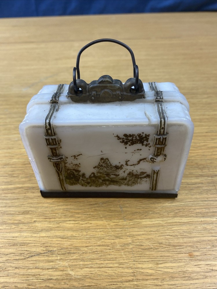 Antique Suitcase Figural Milk Glass Candy Container