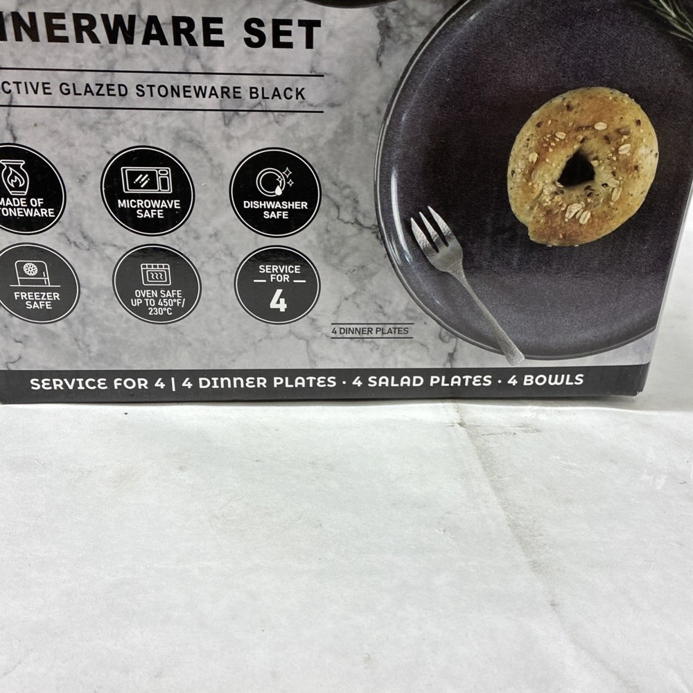 Gourmet Edge 12 Piece Dinnerware Set Reactive Glazed Stoneware Black