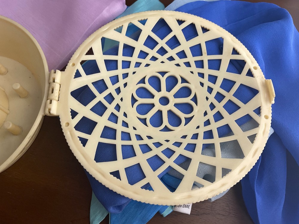 Small Vintage Sewing Basket "Dresden Pie" Celluloid Plastic 6"