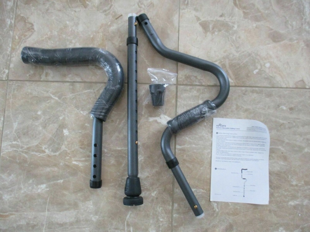 NEW Adjustable Folding Crutch, Metallic Grey Universal Size 5'2"-6'2"