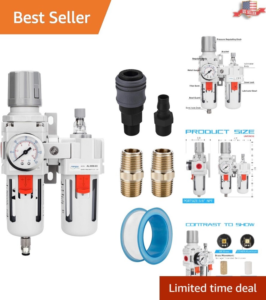 3/8" NPT Compressed Air Filter Regulator Lubricator Combo with Semi-Auto Drain