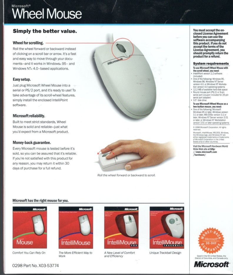 Vintage Microsoft Wheel Mouse 2000 PC PS/2 Windows with Disc & Manual