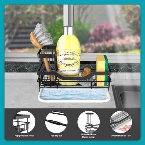 Sponge Holder for Kitchen Caddy Sink Organizer, Multifunctional Mattle Black