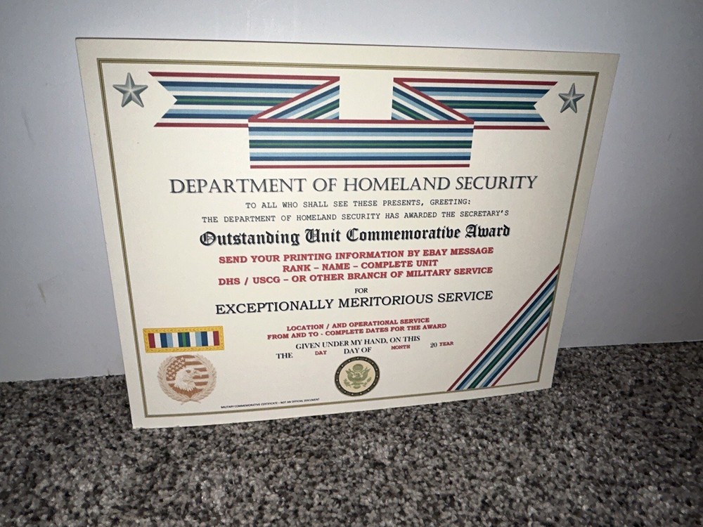 D.H.S. OUTSTANDING UNIT AWARD COMMEMORATIVE CERTIFICATE ~ TYPE-2 / W/PRINTING