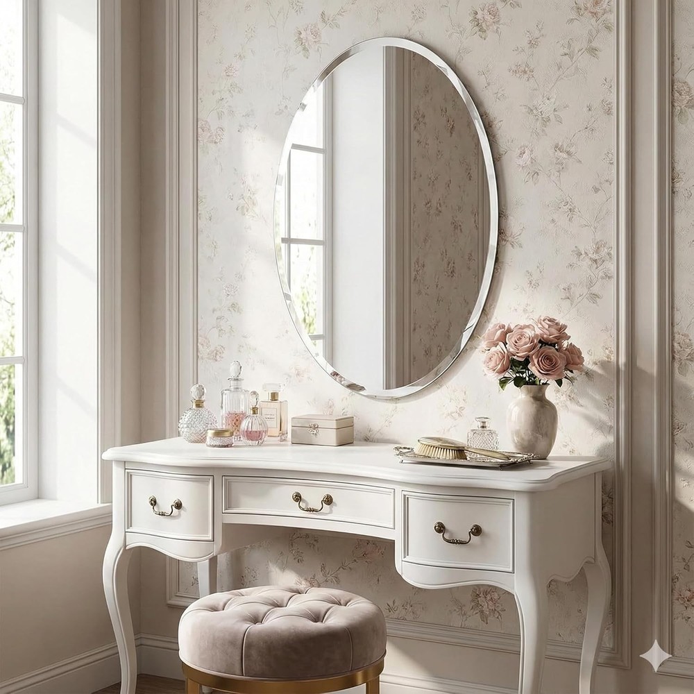 Modern Frameless Beveled Oval Mirror 36"x24" Reinforced Back Panel Vanity Mirror