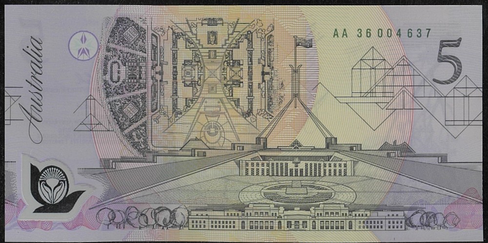 1992 Australia Mint Single $5 AA36 004637 Dated First issue OPT Polymer Banknote