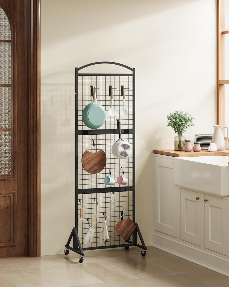 Foldable Grid Wall Panel 1.9' x 5.6', Movable Display Rack with Hooks, Black